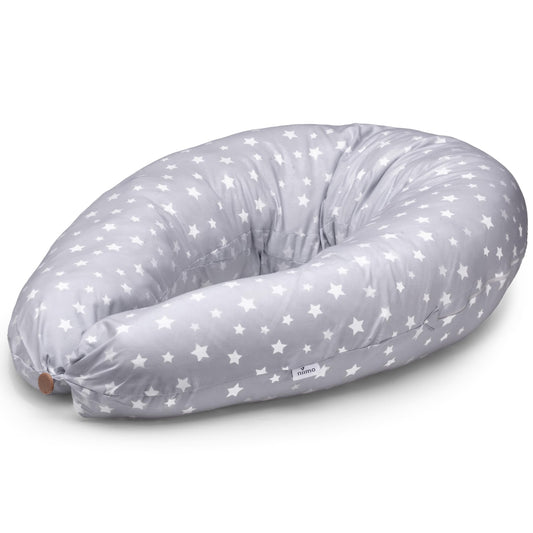 Niimo XXL 2-in-1 Pregnancy Pillow & Nursing Pillow - 100% cotton cover with fiber filling, 100% washable, ergonomic & multifunctional, Grey with white stars (200 x 70 cm)