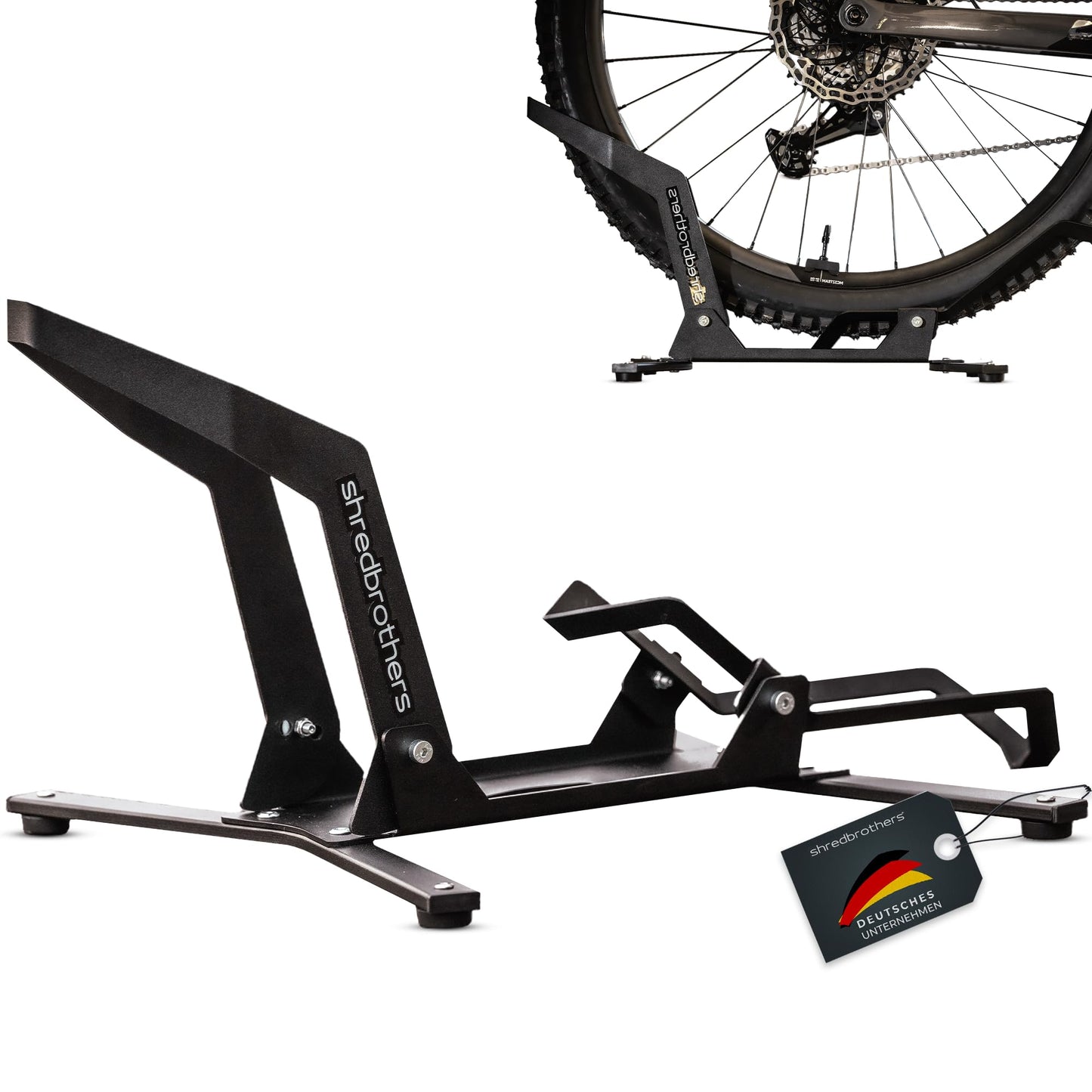 SHREDBROTHERS bike stand for mountain bikes, 26-29 inch E Bikes, MTBs, and road bikes. Suitable for both rear and front wheels. Display and storage stand for exhibitions.
