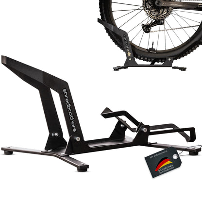 SHREDBROTHERS bike stand for mountain bikes, 26-29 inch E Bikes, MTBs, and road bikes. Suitable for both rear and front wheels. Display and storage stand for exhibitions.