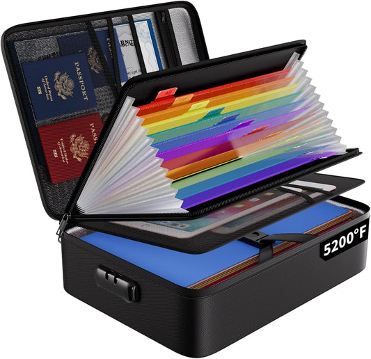 Fireproof document bag with 13 compartments 5200℉ A4 folder organizer storage box with lock Portable briefcase Home and office document storage for important documents Certificates