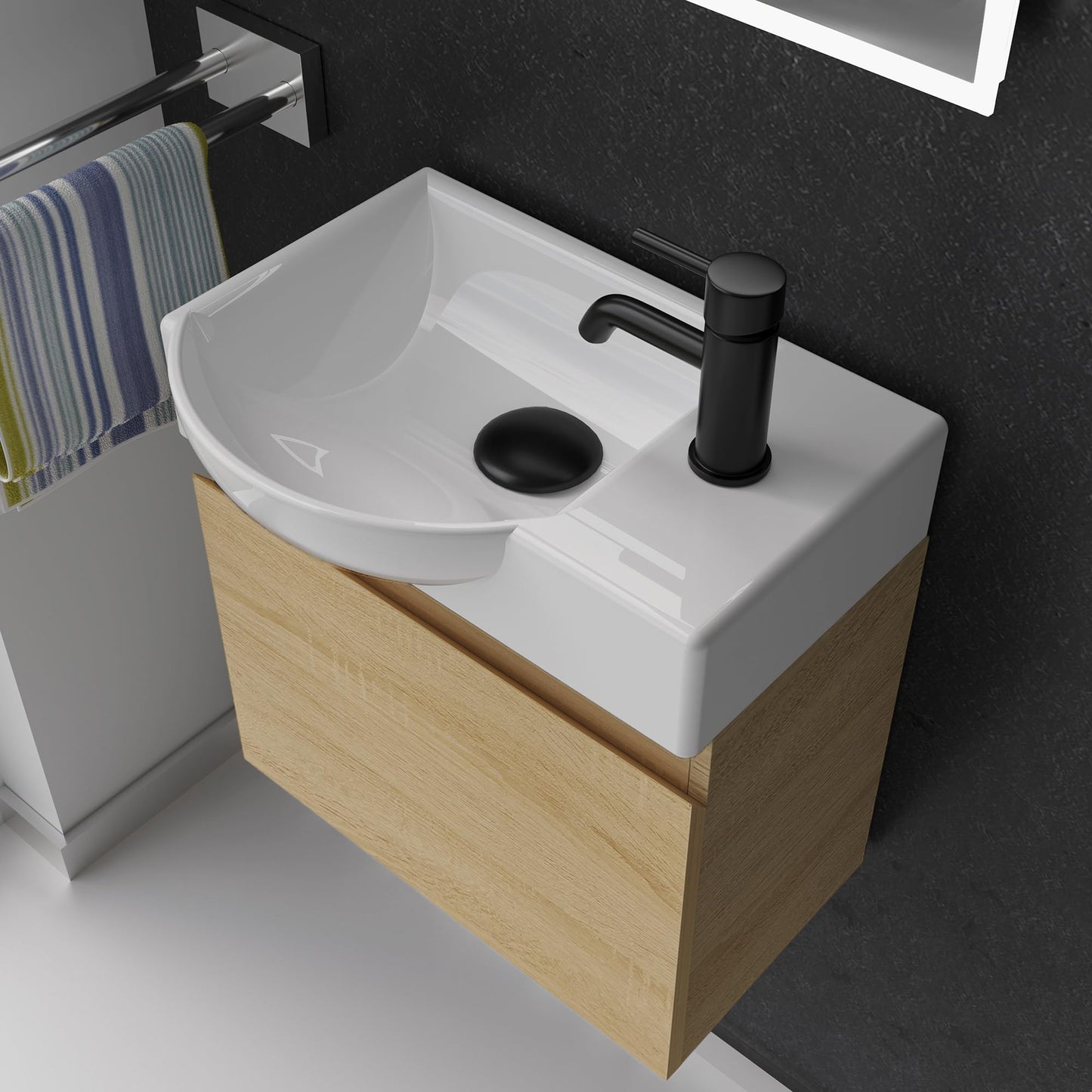 Alpenberger washbasin with cabinet | Guest WC sink small 45 cm wide | Countertop basin with washbasin cabinet | Bathroom hanging cabinet | Light oak washbasin cabinet