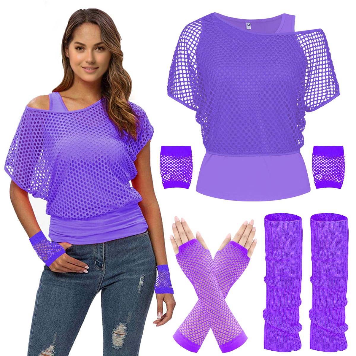 WILDPARTY 80s 90s Outfit Women, Mesh Shirt, Tank top, Leg warmers, Fishnet gloves, Costume 80s Mesh top Women Tops Neon Shirt 80s Aerobic Outfit Clothing Theme Party Clothes