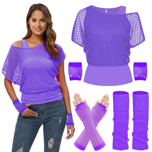 WILDPARTY 80s 90s Outfit Women, Mesh Shirt, Tank top, Leg warmers, Fishnet gloves, Costume 80s Mesh top Women Tops Neon Shirt 80s Aerobic Outfit Clothing Theme Party Clothes