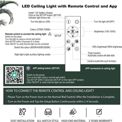 Narwhal Dimmable LED Ceiling Light 8-Rings Modern Living Room Lamp with Remote Control, Memory, Timer, Function, and Night Light, Ceiling Lamp for Bedroom, Dining Room, Hallway, Office, and Balcony