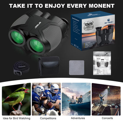 12x25 Compact Binoculars for adults and children, small binoculars with low light vision for bird watching, theater and concerts, hunting and sports games.