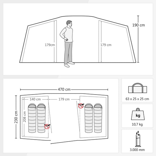 Justcamp Lake 4 Camping tent, 4-person family tent, large, stable, waterproof for festivals, portable, high dome tent with two sleeping cabins and vestibule with standing height, tent for families, tunnel tent.