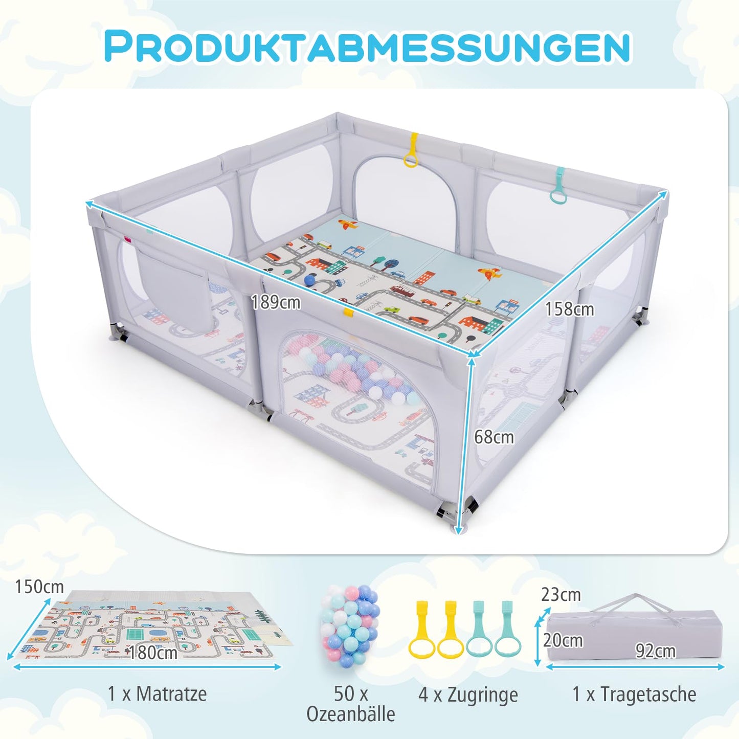 DREAMADE Playpen for Baby, 189 x 158 cm Playard with Mattress & 4 Pull Rings & 50 Ocean Balls & Carrying Bag, Large Safety Gate for Babies & Toddlers 0-3 Years (with Mattress, Light Gray)