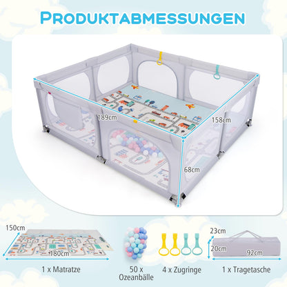 DREAMADE Playpen for Baby, 189 x 158 cm Playard with Mattress & 4 Pull Rings & 50 Ocean Balls & Carrying Bag, Large Safety Gate for Babies & Toddlers 0-3 Years (with Mattress, Light Gray)