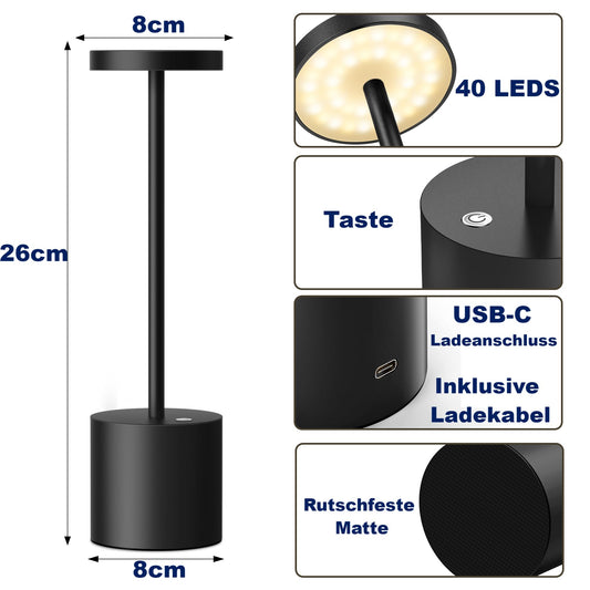 SLSMD Cordless Table Lamp, 5000mAh Metal Aluminum Dimmable LED Battery Table Light, Portable USB Rechargeable Nightstand Lamp, Suitable for Indoor Outdoor Dining Room Bar Patio (2 Black)
