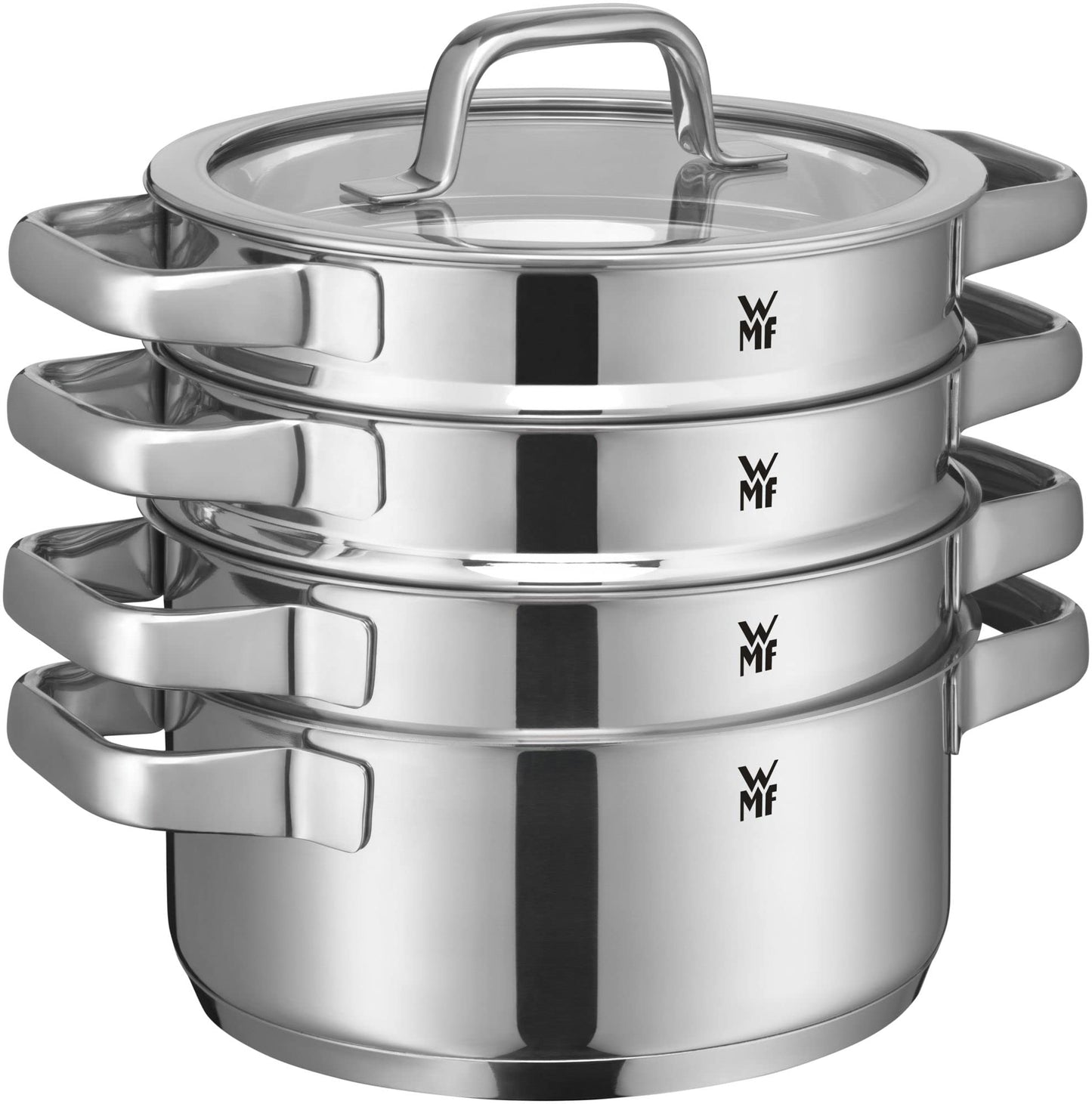 WMF Set 3-piece Compact Cuisine pot set Induction 4-piece with glass lid and Devil pan set Induction 2-piece and Mister X pot holder Stainless steel foldable 19 x 19 cm.