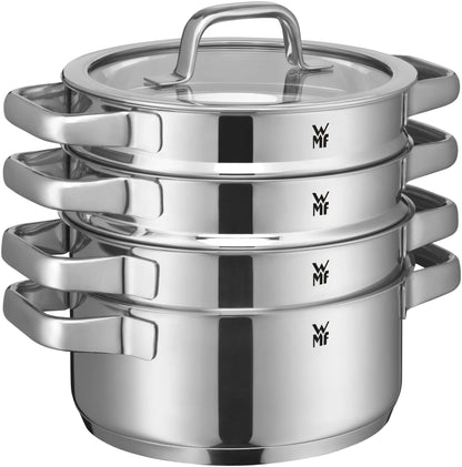 WMF Set 3-piece Compact Cuisine pot set Induction 4-piece with glass lid and Devil pan set Induction 2-piece and Mister X pot holder Stainless steel foldable 19 x 19 cm.