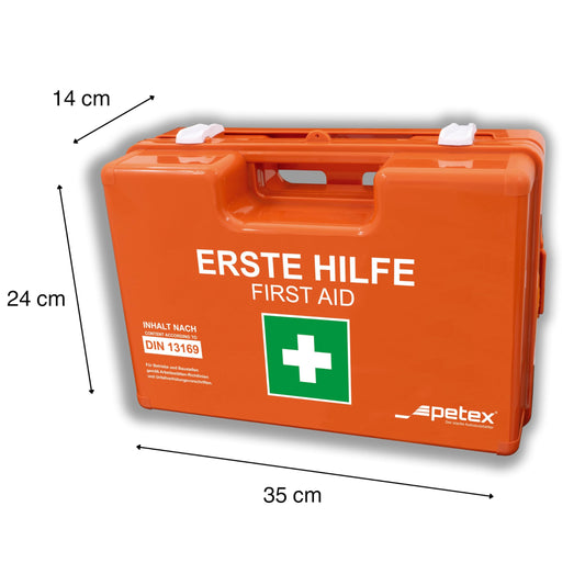 PETEX professional operating association case with content according to the new DIN 13169 including practical wall mount, 5 stickers, first aid kit, orange first aid kit for company, office, construction sites