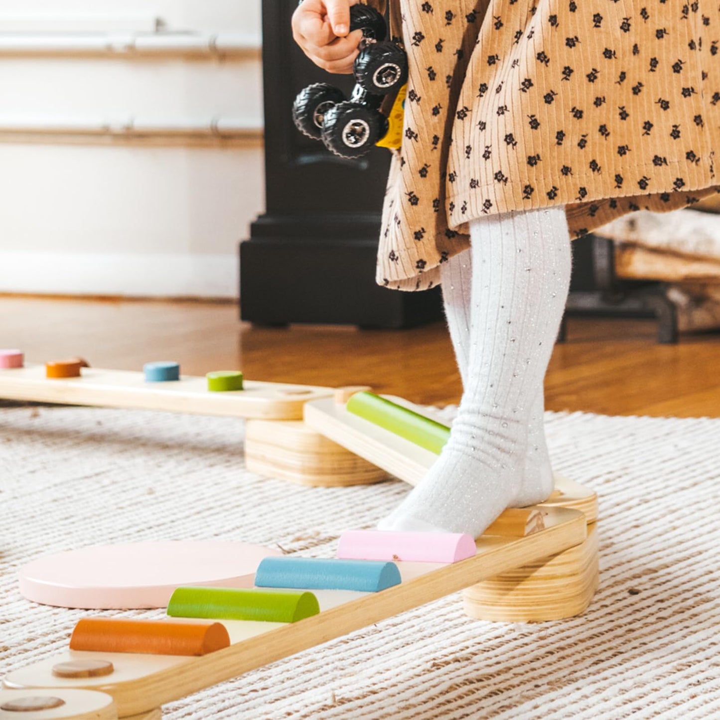 BanaSuper Wooden Toddler Balance Beam Colorful Obstacle Stones Montessori Toy for Kids Balance Training Gymnastics Obstacle Children Balance Board (Balance Beam with Stepping Stones)