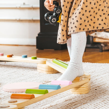 BanaSuper Wooden Toddler Balance Beam Colorful Obstacle Stones Montessori Toy for Kids Balance Training Gymnastics Obstacle Children Balance Board (Balance Beam with Stepping Stones)