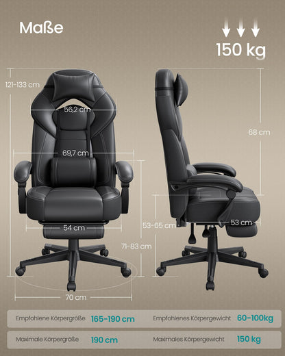 SONGMICS Gaming Chair, Office Chair, Computer Chair, ergonomic design, with footrest, adjustable headrest, lumbar pillow, weight capacity 150 kg, black OBG077B01