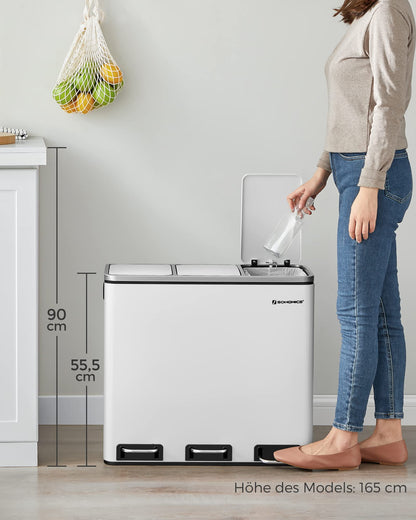SONGMICS Kitchen Trash Can, 3 x 18 L, Waste Separation System with 3 Compartments, includes 15 trash bags, Trash Bin, Step Bin, for recyclable waste, organic waste, with lid, cloud white LTB54WT