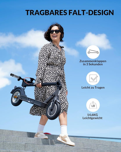 Street-legal E scooter, 10-inch, max 32km range 20km/h, comfortable suspension, electric scooter up to 120kg, turn signals, APP connectivity, dual braking system Adult E Roller