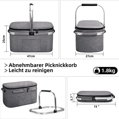 ALLCAMP Large Foldable Insulated Cooler Bag - Shopping Basket With Lid, Detachable Picnic Basket for 2, Aluminum Frame Cool Basket, Thickened Thermal Basket - With 2 Ice Packs