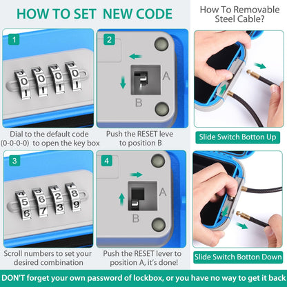 ORIA Portable Safe with Combination Lock, Key Safe Security Box Outdoor Safety Vault, with Removable Wire Rope, Waterproof Key Safe with Combination, for Travel, Beach, Camping - Blue
