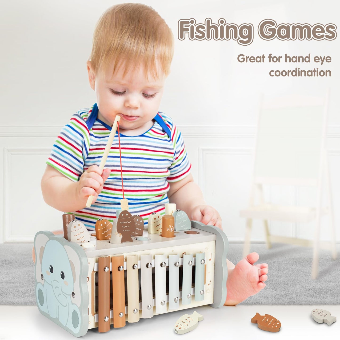 DINORUN Montessori toy for ages 1 and up, wooden hammering toy for fine motor skills, xylophone for 1 year old kids, ideal gift for children ages 1-4, girls and boys.