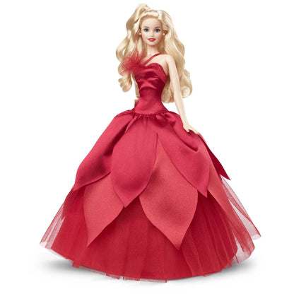 Barbie HBY03 - Signature Holiday Doll 2022 (Blonde Hair) in red dress, with red lipstick and golden earrings, toy for children aged 6 and up.