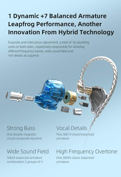 CCA KZ Zax metal headset with 7BA+1DD hybrid drivers for high fidelity bass. These in-ear monitor headphones are designed for sport and noise cancelling.