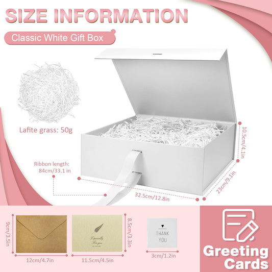 Sekepingo White Luxury Large Magnetic Gift Box, 32.5*23*10.5cm Gift Box with Ribbon, Paper & Greeting Card Party Favor Box for Wedding, Birthday & Mother's Day.