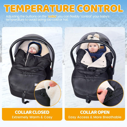 Orzbow Footmuff Infant Car Seat Winter,Universal Wraparound Infant Car Seat Winter Blanket with Adjustable Collar,Warm Berber Fleece Lining,Zipper,Fits Maxi-Cosi,Cybex,Romer, etc. (Black)