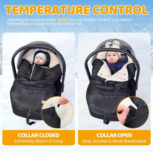 Orzbow Footmuff Infant Car Seat Winter,Universal Wraparound Infant Car Seat Winter Blanket with Adjustable Collar,Warm Berber Fleece Lining,Zipper,Fits Maxi-Cosi,Cybex,Romer, etc. (Black)