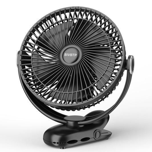 BIVBTP 20cm Portable Clip-On Fan, 12000mAh Battery Fan with Clip for strollers, 720 degree rotation, 4 speeds, USB desk fan for office, outdoor travel, camping (Black)