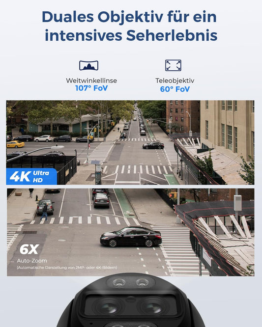 Reolink 4K 8MP PTZ PoE outdoor surveillance camera with dual-lens, 6X hybrid zoom, 355°/90° pan/tilt, auto-tracking, color night vision, person/vehicle/pet detection, 2-way audio, TrackMix PoE.