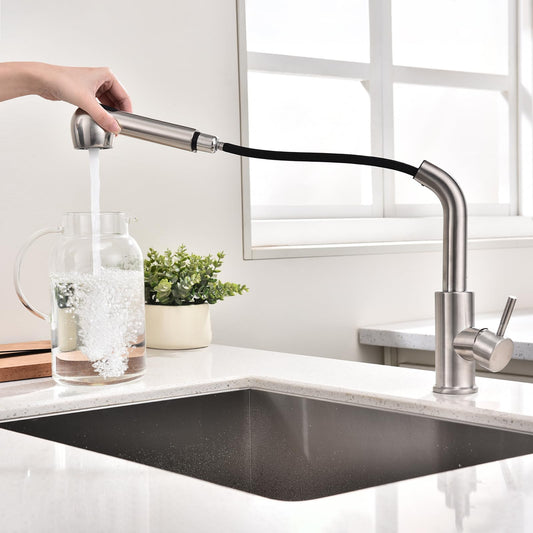 HOMELODY kitchen faucet with 2 spray modes pull-out sprayer sink faucet with spray 304 stainless steel kitchen faucet high pressure mixer 360° swivel single lever faucet, brushed