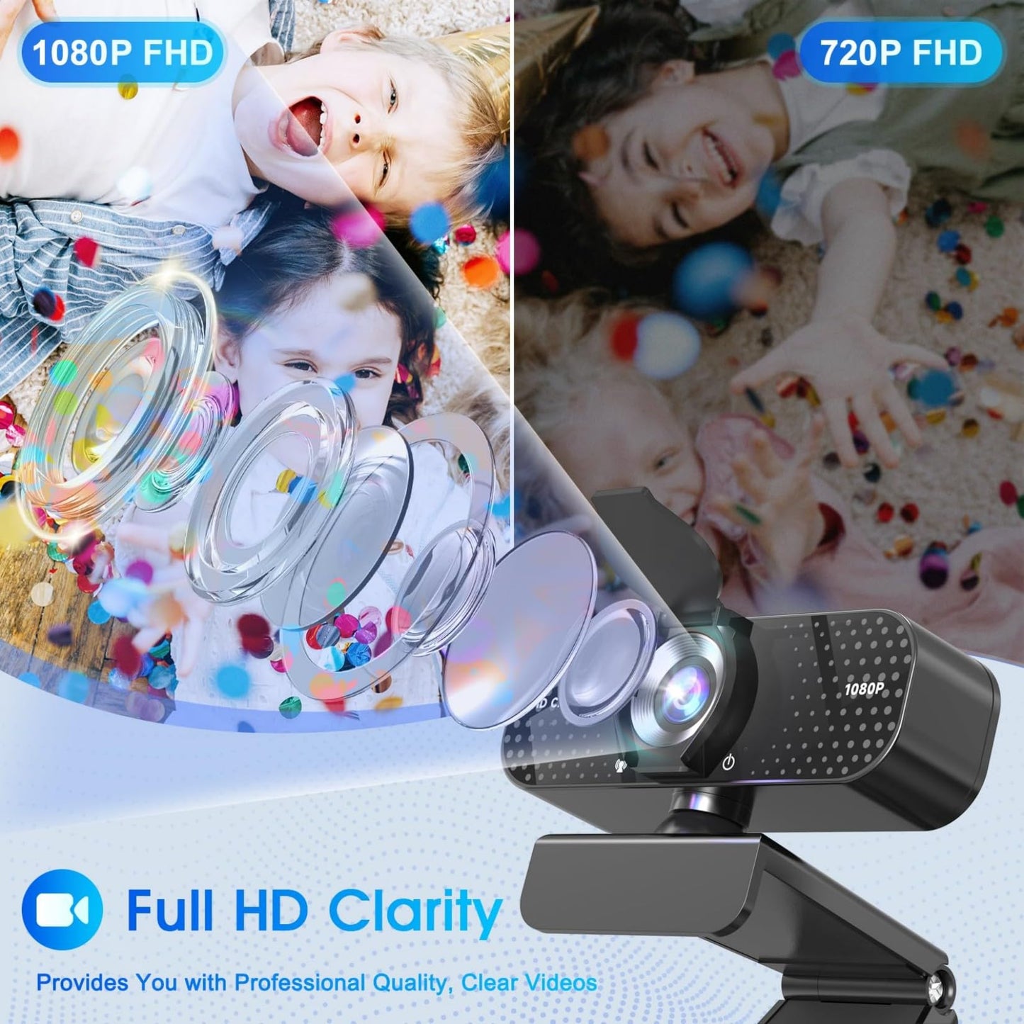TRAUSI 1080P HD webcam with microphone, noise reduction, privacy cover, wide angle lens, auto light correction, plug & play USB webcam for laptop, desktop, PC, Mac, Zoom, Skype, streaming, black.