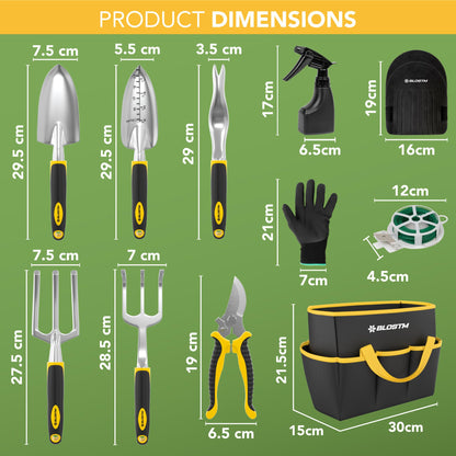 BLOSTM 11-Piece Gardening Tool Set - Durable garden tool set with waterproof garden tool bag, ergonomic handles, hand trowel garden - Gardening tool set for women and men.