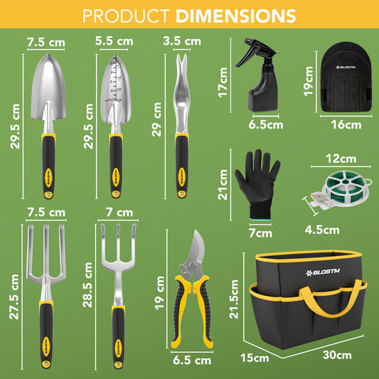 BLOSTM 11-Piece Gardening Tool Set - Durable garden tool set with waterproof garden tool bag, ergonomic handles, hand trowel garden - Gardening tool set for women and men.