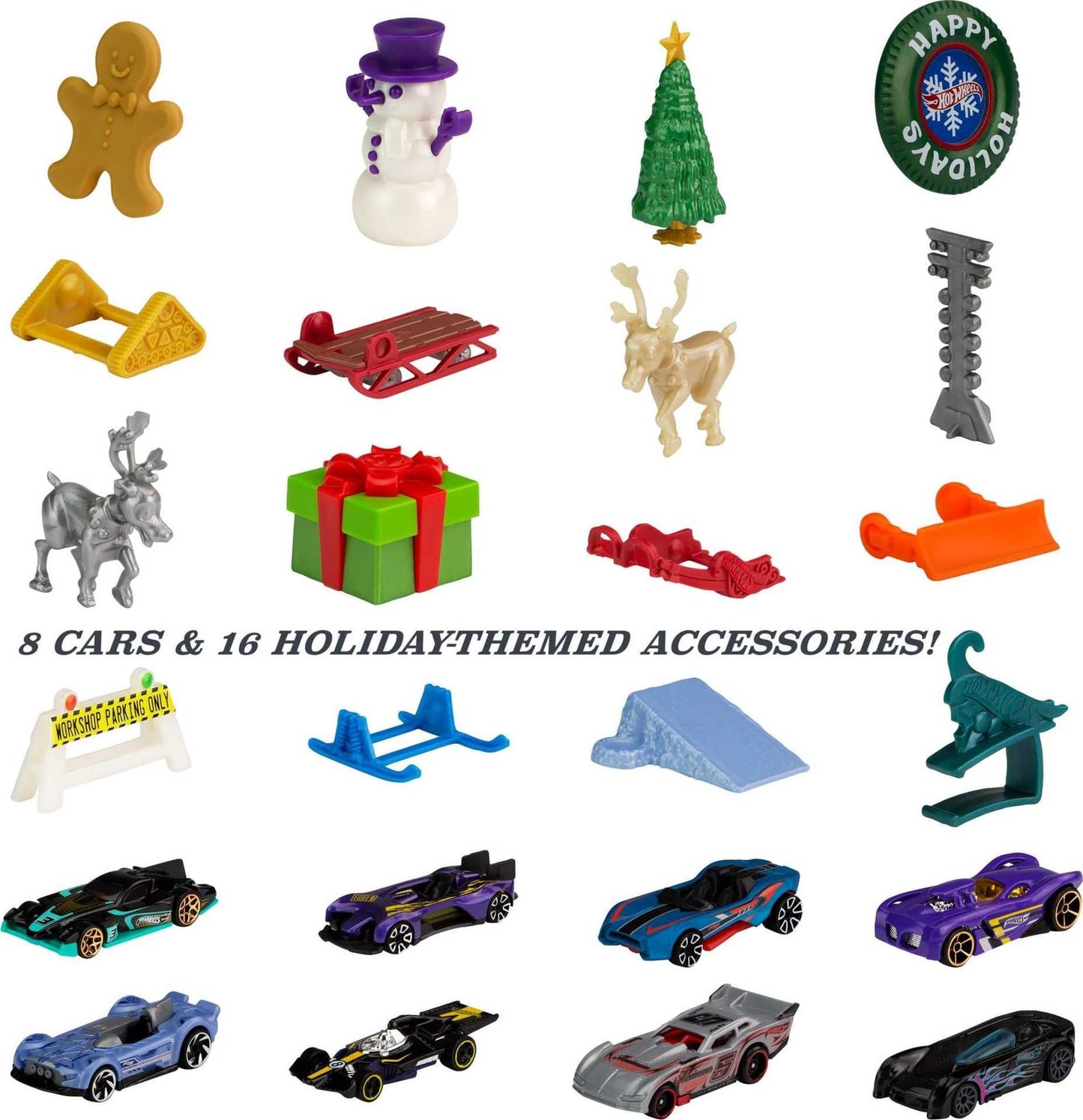 Hot Wheels Advent Calendar with 24 surprises, including 8 1:64 scale vehicles and other cool accessories, plus a play mat. Perfect Christmas gift for collectors and kids ages 3 and up. GTD78.