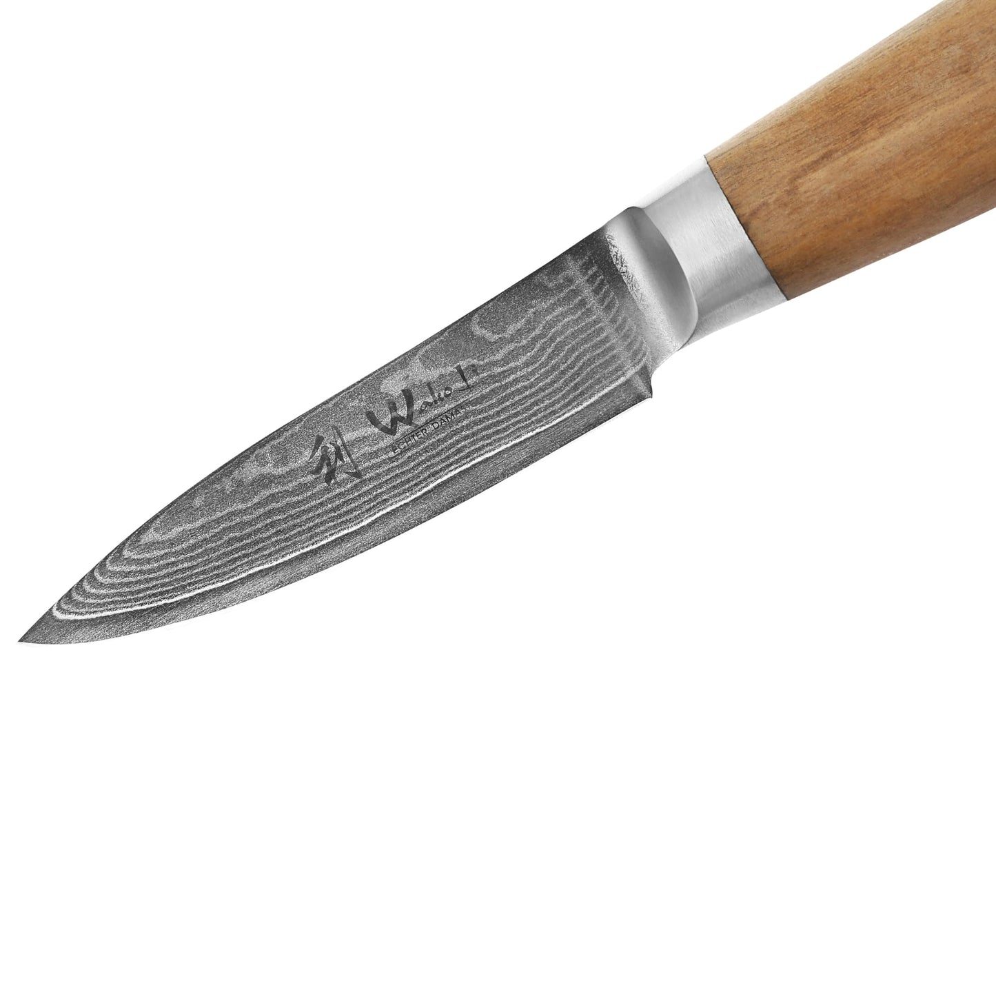 Wakoli Olive Damascus Office Knife | 8.5 cm blade made of 67 layers of Damascus steel with VG10 core | ergonomic olive wood handle | for fruits, vegetables & herbs | in gift box for professional & hobby chefs