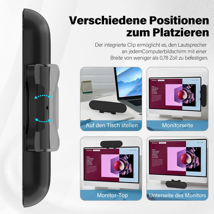 ADELGO PC speakers USB, portable computer speakers for desktop, laptop, mini soundbar speakers with clip-on design for monitor, plug and play