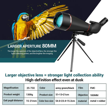 25-75X 100MM Spotting Scope for sports shooting hunting bird watching IPX7 waterproof FMC BAK4 prism with tripod phone adapter Black