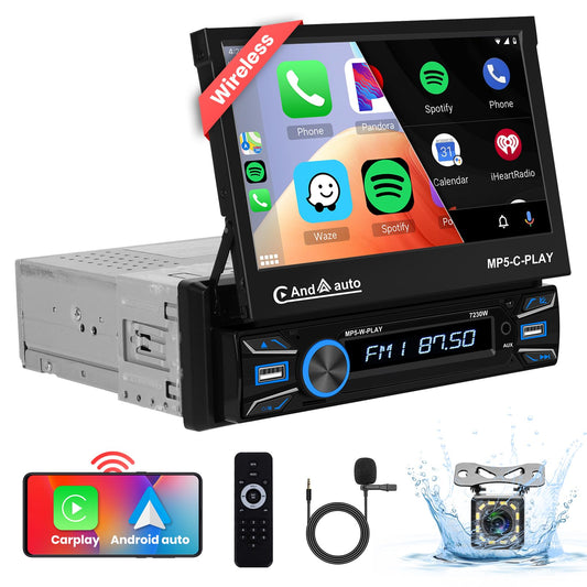Podofo Wireless Carplay/Android Auto Car Radio 1Din with 7'' Retractable Display Automatic Screen Bluetooth 5.1 Wireless Android Auto FM 2USB/MIC/Type C/With Rearview Camera Steering Wheel Control