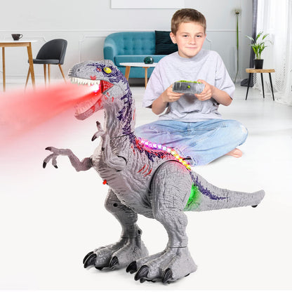 BAZOVE Remote Control Dinosaur Toy, 2.4GHz Electronic RC Velociraptor Dino Toy with 360° Spin Stunt, Spray function, Roaring and LED Light, Gift for Boys Girls 3+ Years