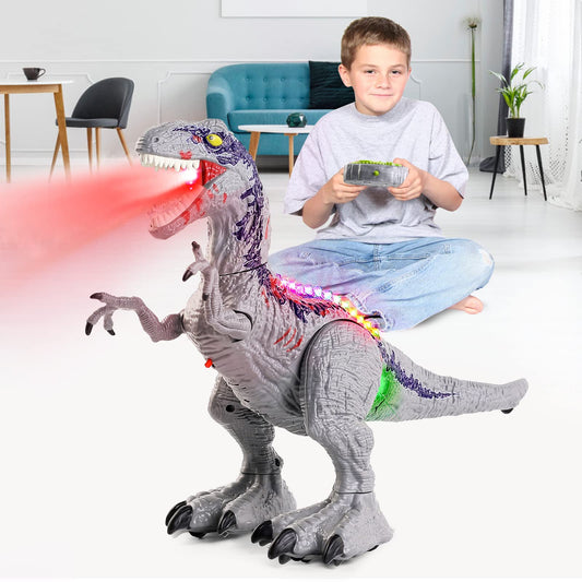 BAZOVE Remote Control Dinosaur Toy, 2.4GHz Electronic RC Velociraptor Dino Toy with 360° Spin Stunt, Spray function, Roaring and LED Light, Gift for Boys Girls 3+ Years