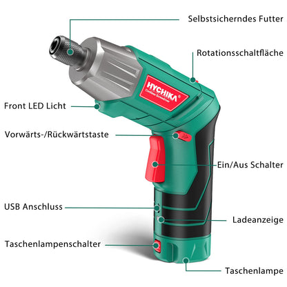 HYCHIKA cordless drill, 6N·m torque 2000mAh 3.6V battery with 35 accessories, LED light and flashlight, battery drill with USB cable and storage box.