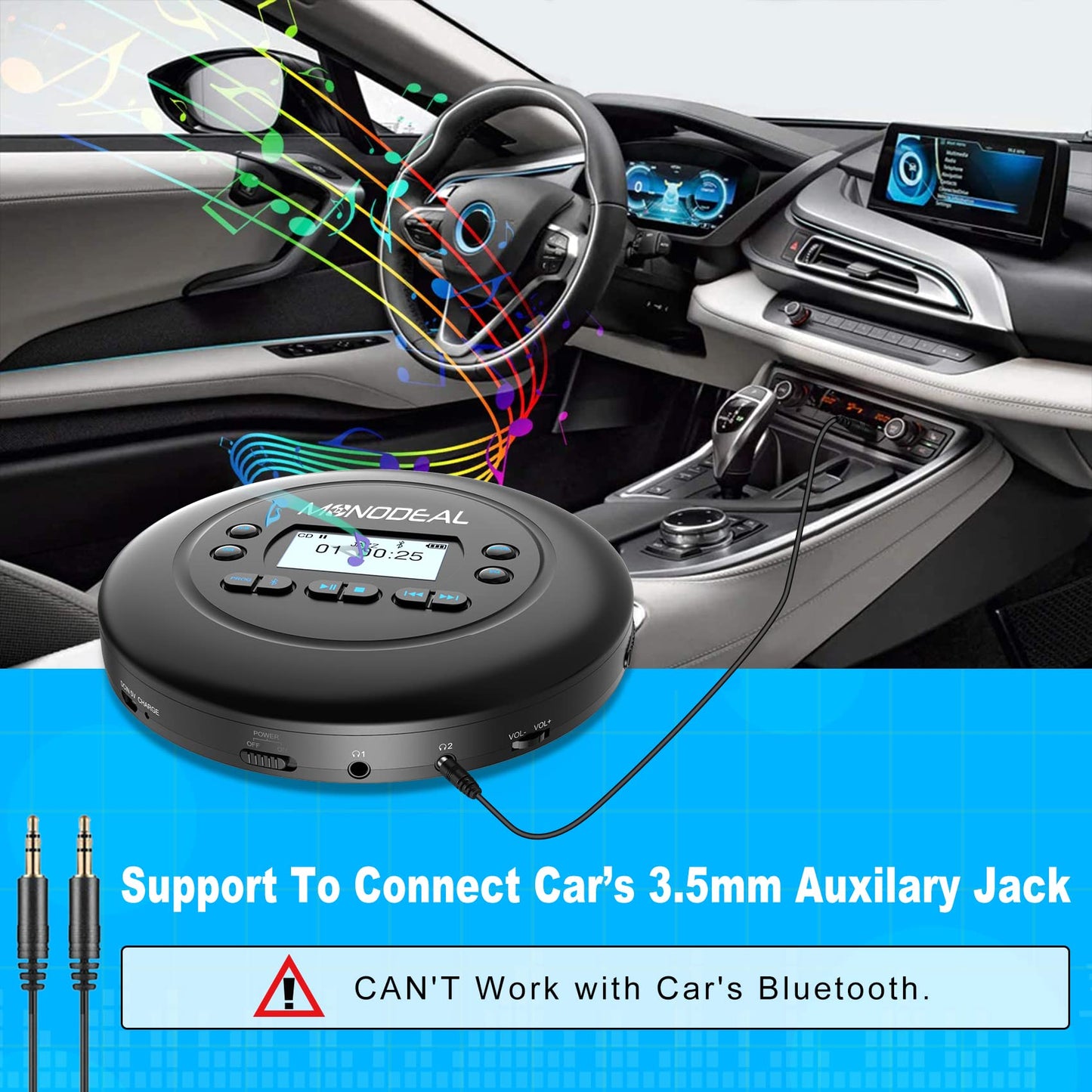 MONODEAL Portable CD Player Bluetooth, Rechargeable Discman for car and kids, Anti-Skip, compact with headphones