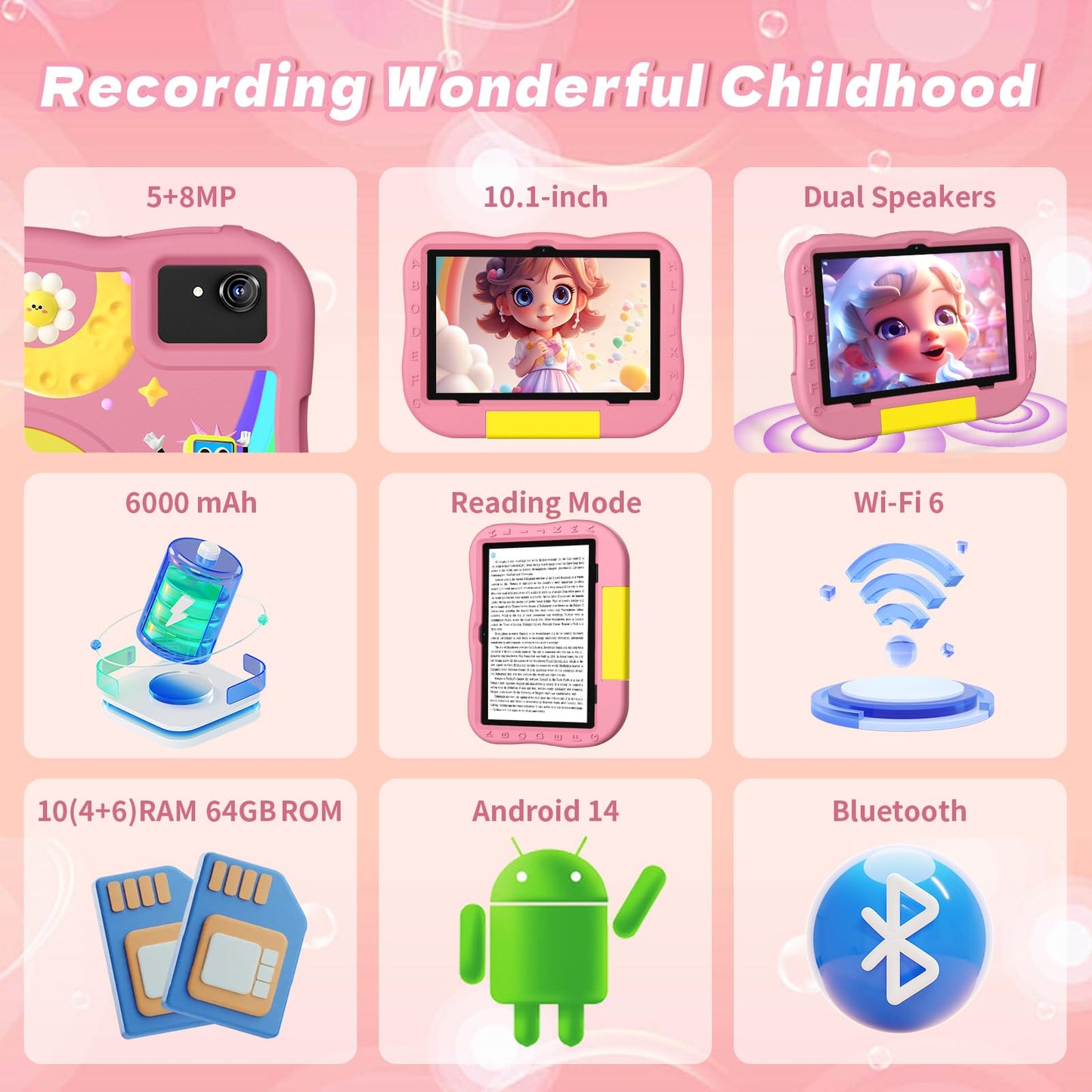 Rebecca Kids Tablet 10 inch Android 14 Tablet for kids with Octa-Core, 6000 mAh, 10GB (4+6) RAM + 64GB ROM, WiFi, BT5.2, Parental Control, Pre-installed kids' educational software Learning tablet for kids.