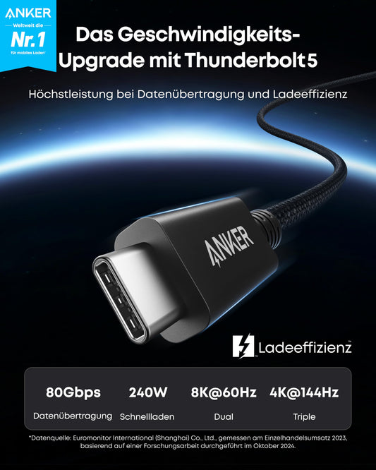 Anchor Prime Thunderbolt 5 Cable, 100cm USB-C to USB-C cable, 240W power, 80Gbps data transfer, up to 120Gbps bandwidth, 8K/4K display, for iPhone 16, MacBook, etc. (Thunderbolt 5 certified)