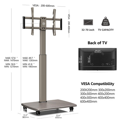 FITUEYES TV Floor Stand with Wooden Shelf TV Base TV Stand TV Stand with Wheels height adjustable swivel for 32 to 70 inch flat screen up to 40kg. Max. VESA. 400 * 600