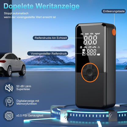 Electric air pump, electric pump with 10000mAh battery, 150PSI portable mini compressor with pressure gauge, electric bike pump with digital LCD screen for bikes, motorcycles, cars & balls.