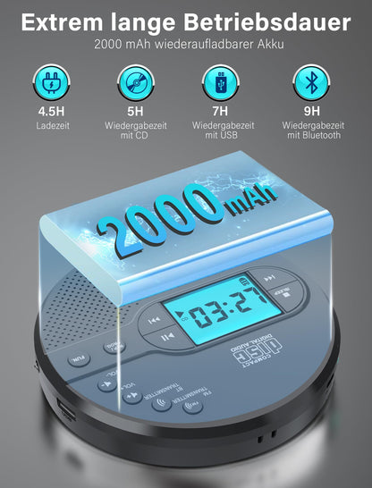 Discman CD player with Bluetooth FM transmitter, headphones, LCD screen, AUX, built-in speaker, USB connection, 2000mAh rechargeable portable CD player with anti-skip protection.