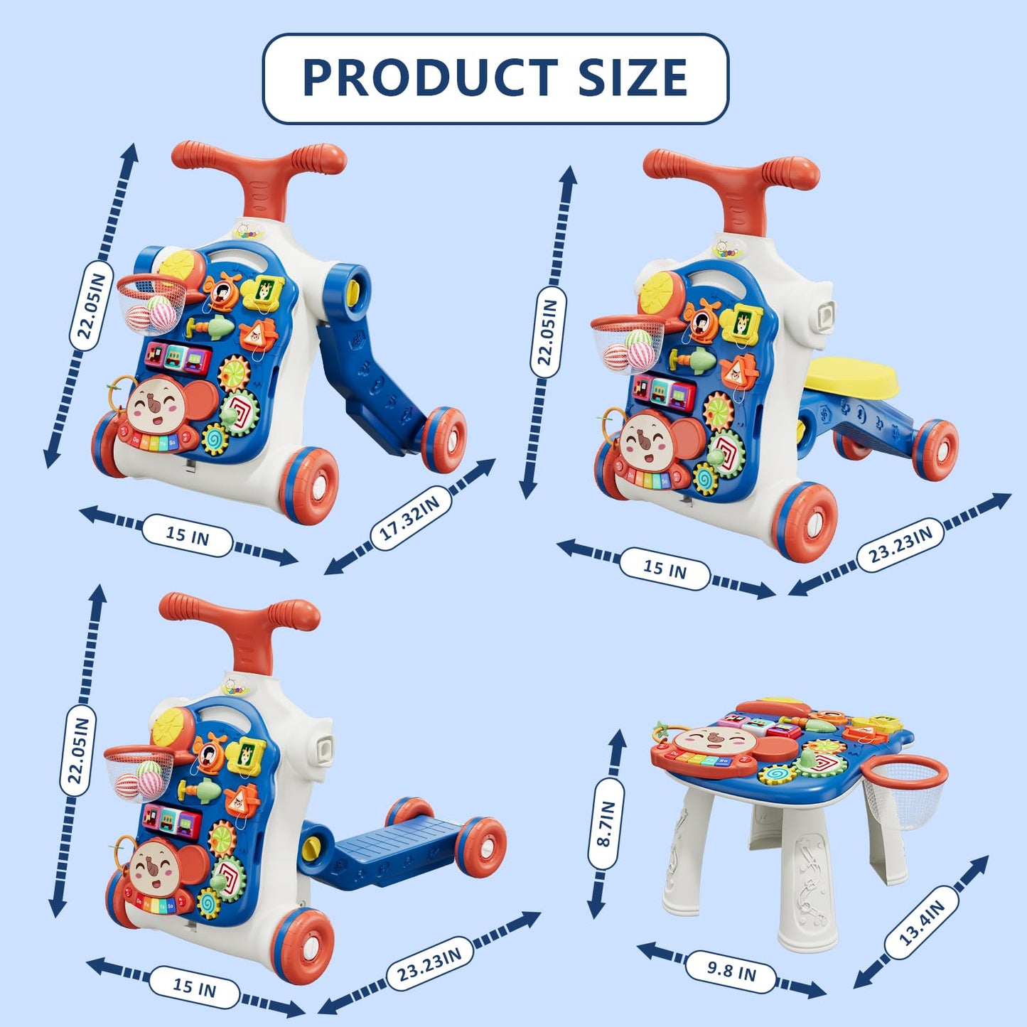 HYES 5 in 1 walker, baby play and walking aid with music and detachable playboard, baby walker toy, for children from 3-30+ months, blue